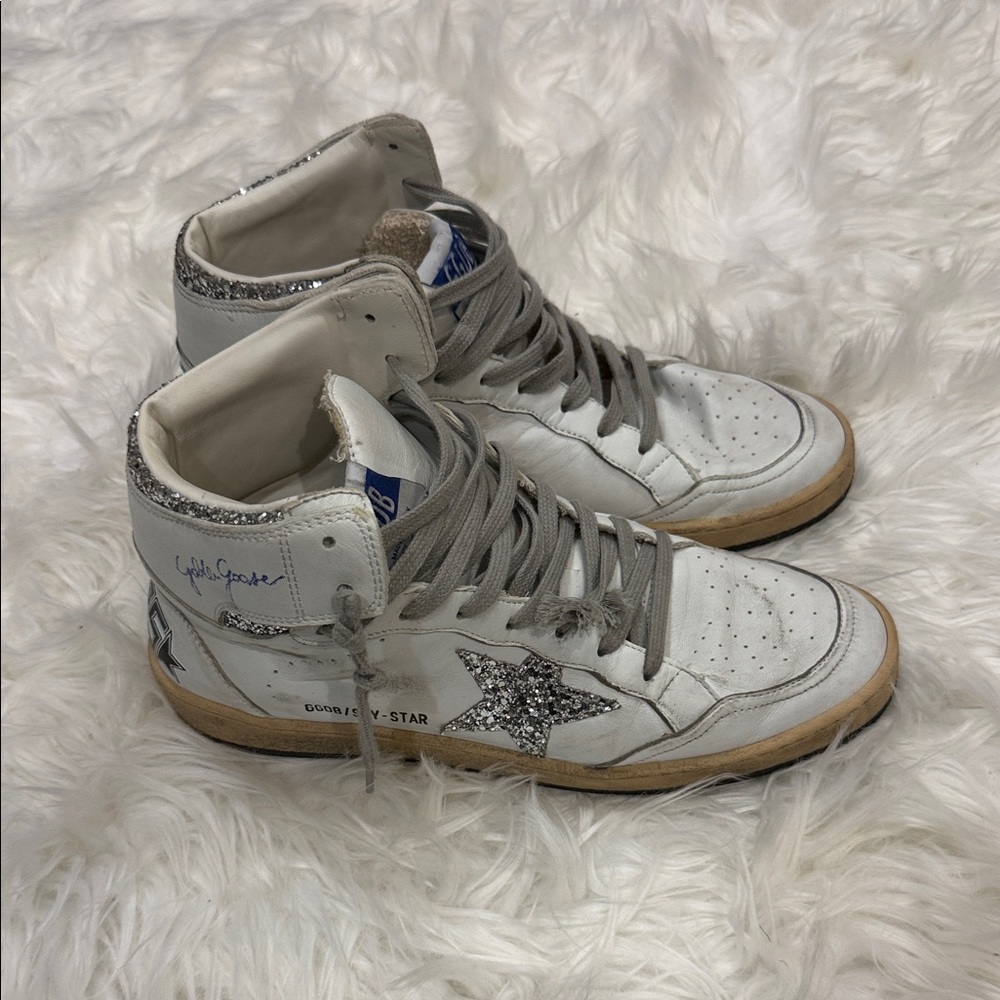 Golden Goose White and Silver Glitter High Top Sneakers Size 40